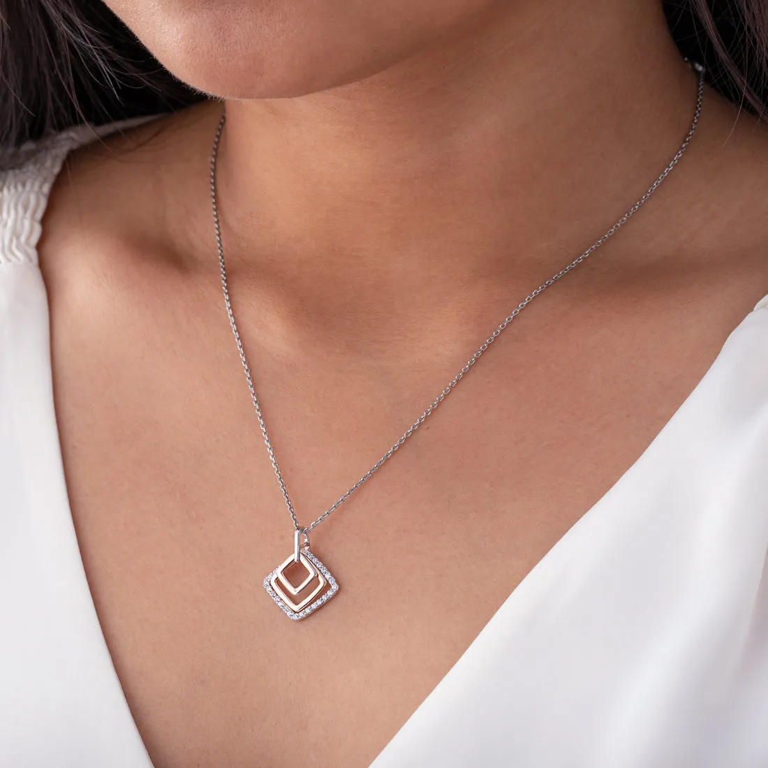 Rose-Tone Sterling Silver Open Layered Square Pendant