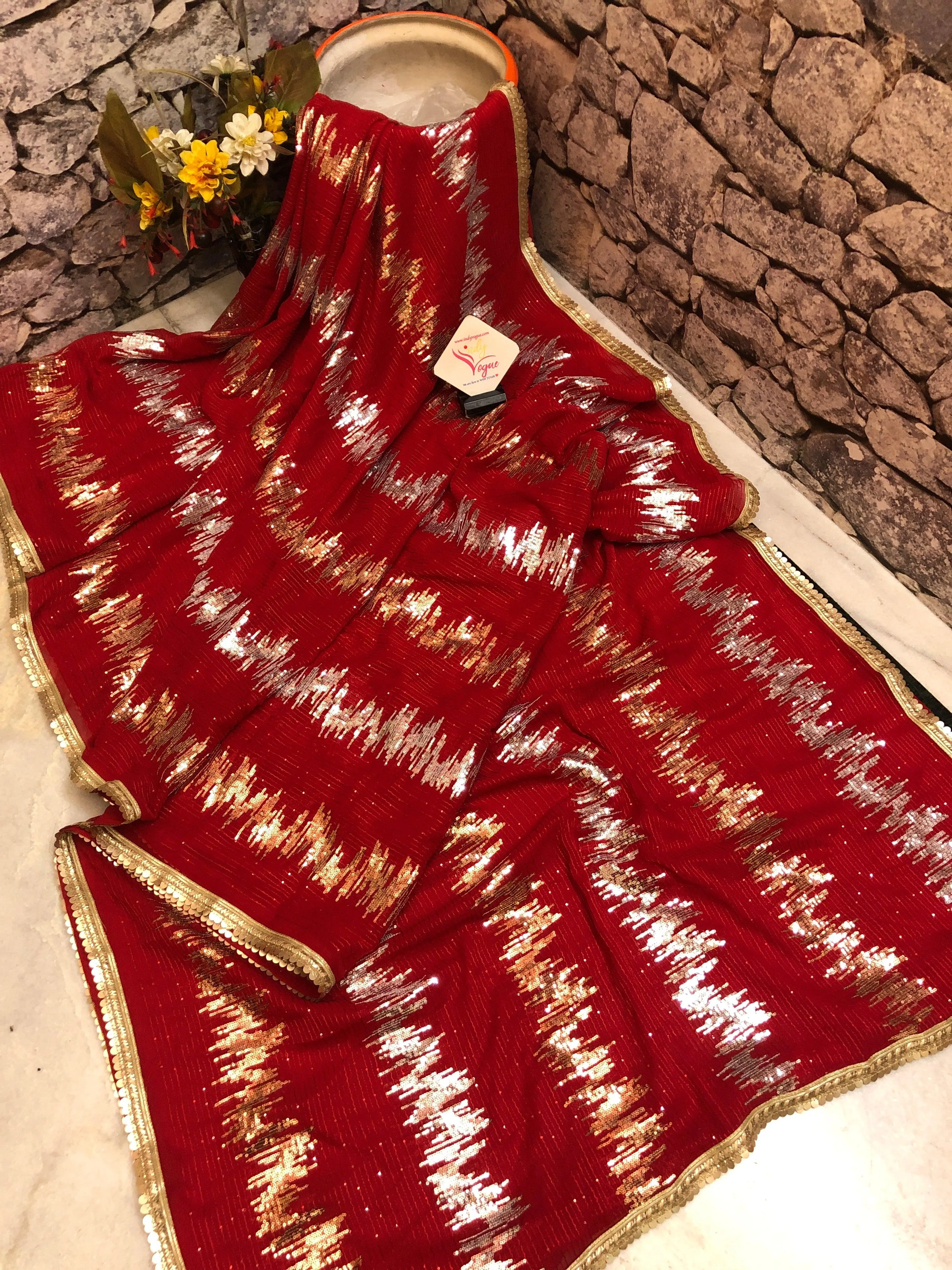 Royal Red Color Designer Georgette Saree with Sequin & Golden Zari Lace Border