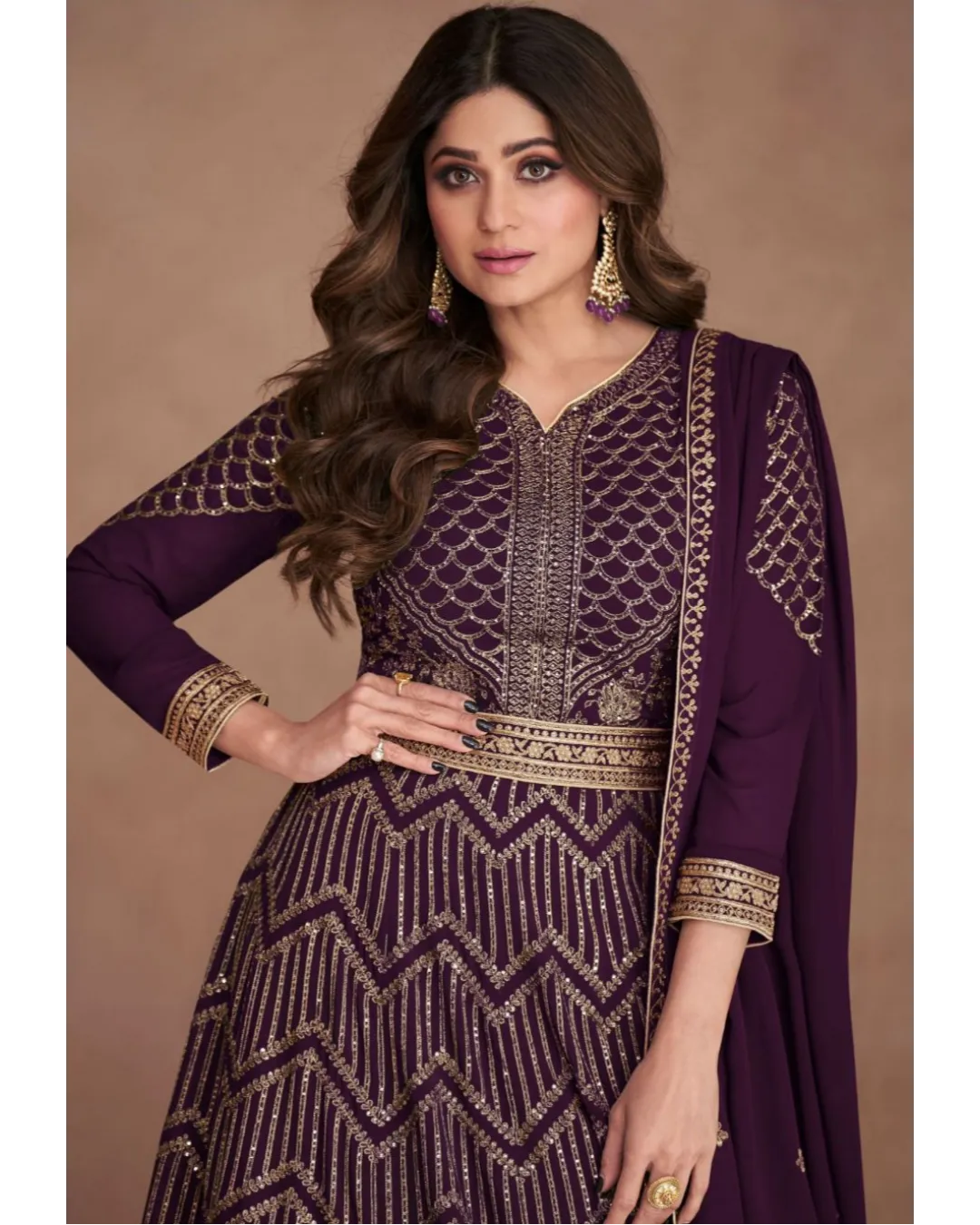 Sequin Embroidered Anarkali Gown Wine