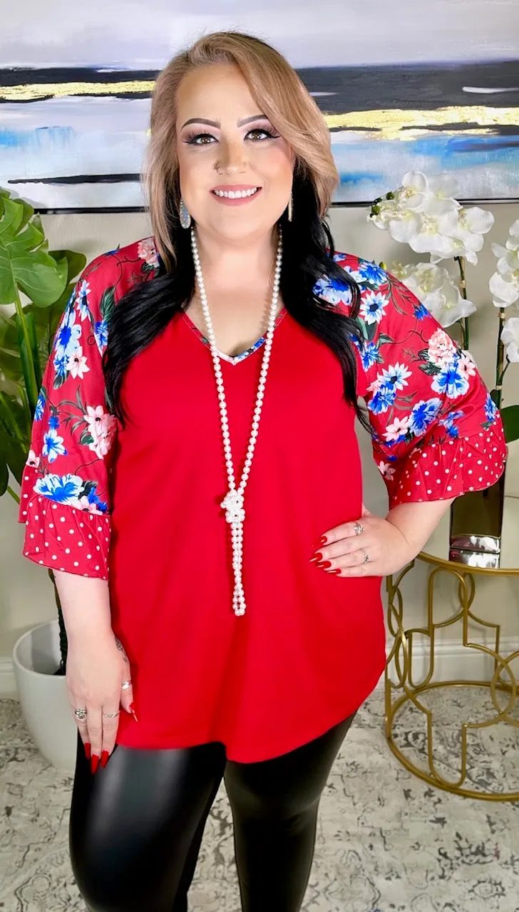 S,M,L Red Blouse with Floral Bell Sleeves