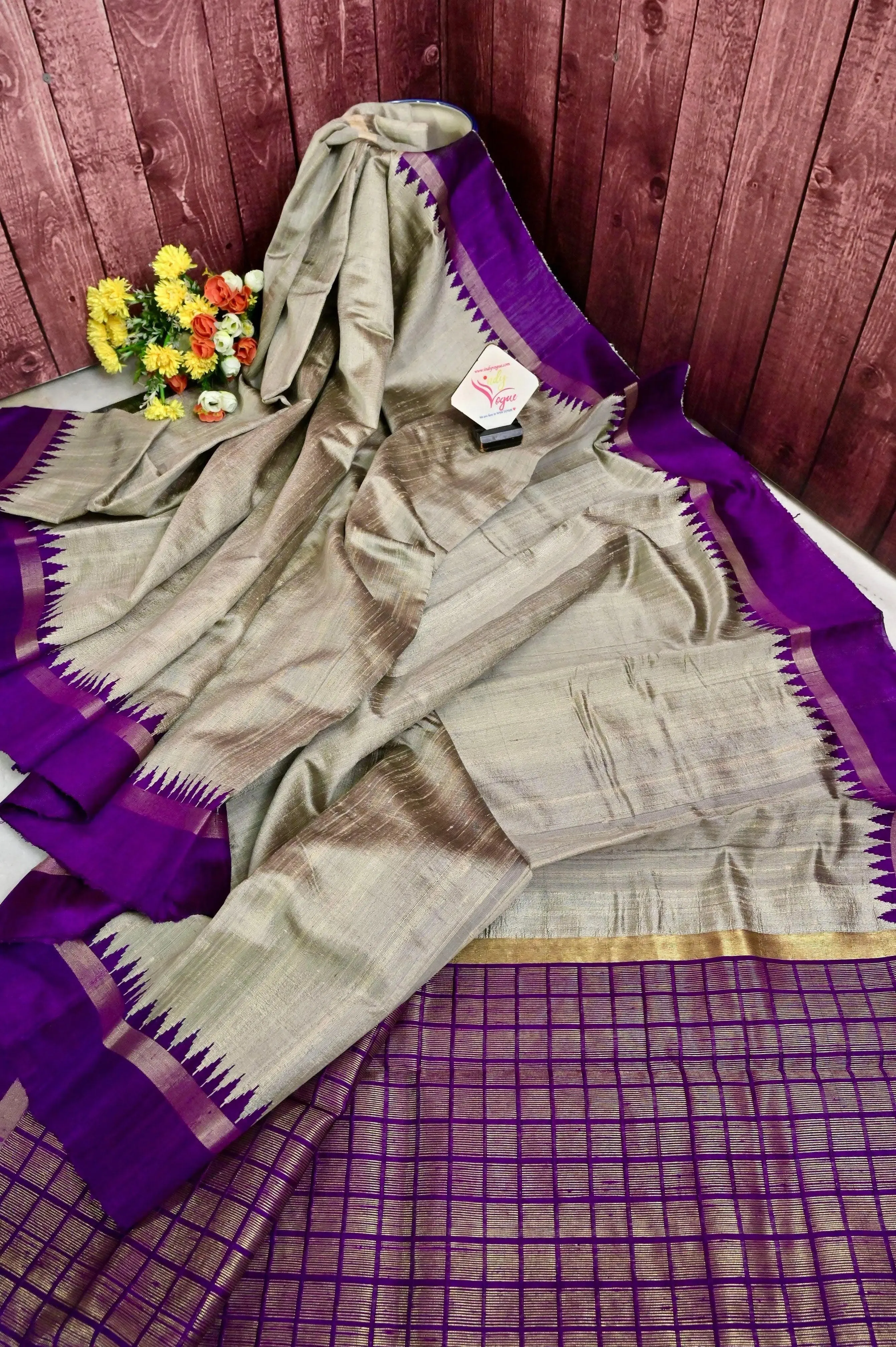 Steel Grey Color Pure Raw Silk Saree