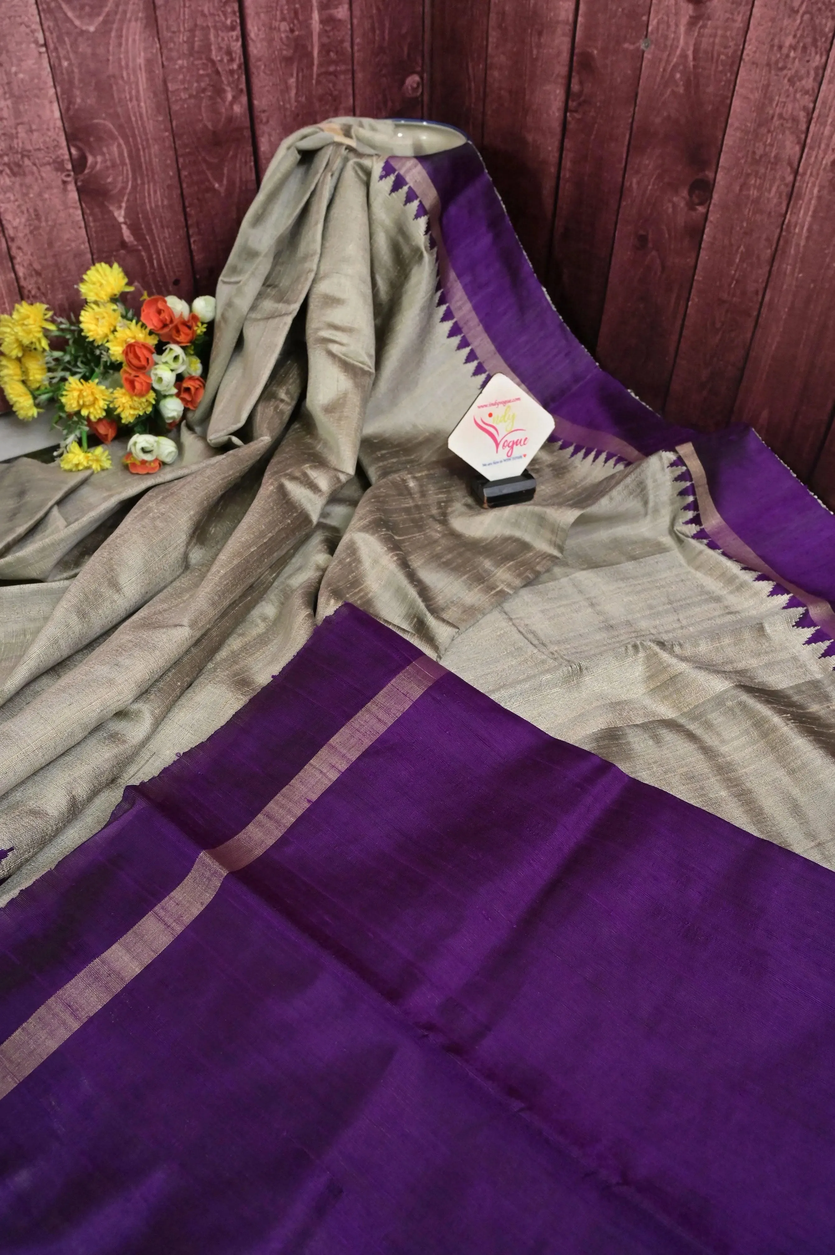 Steel Grey Color Pure Raw Silk Saree