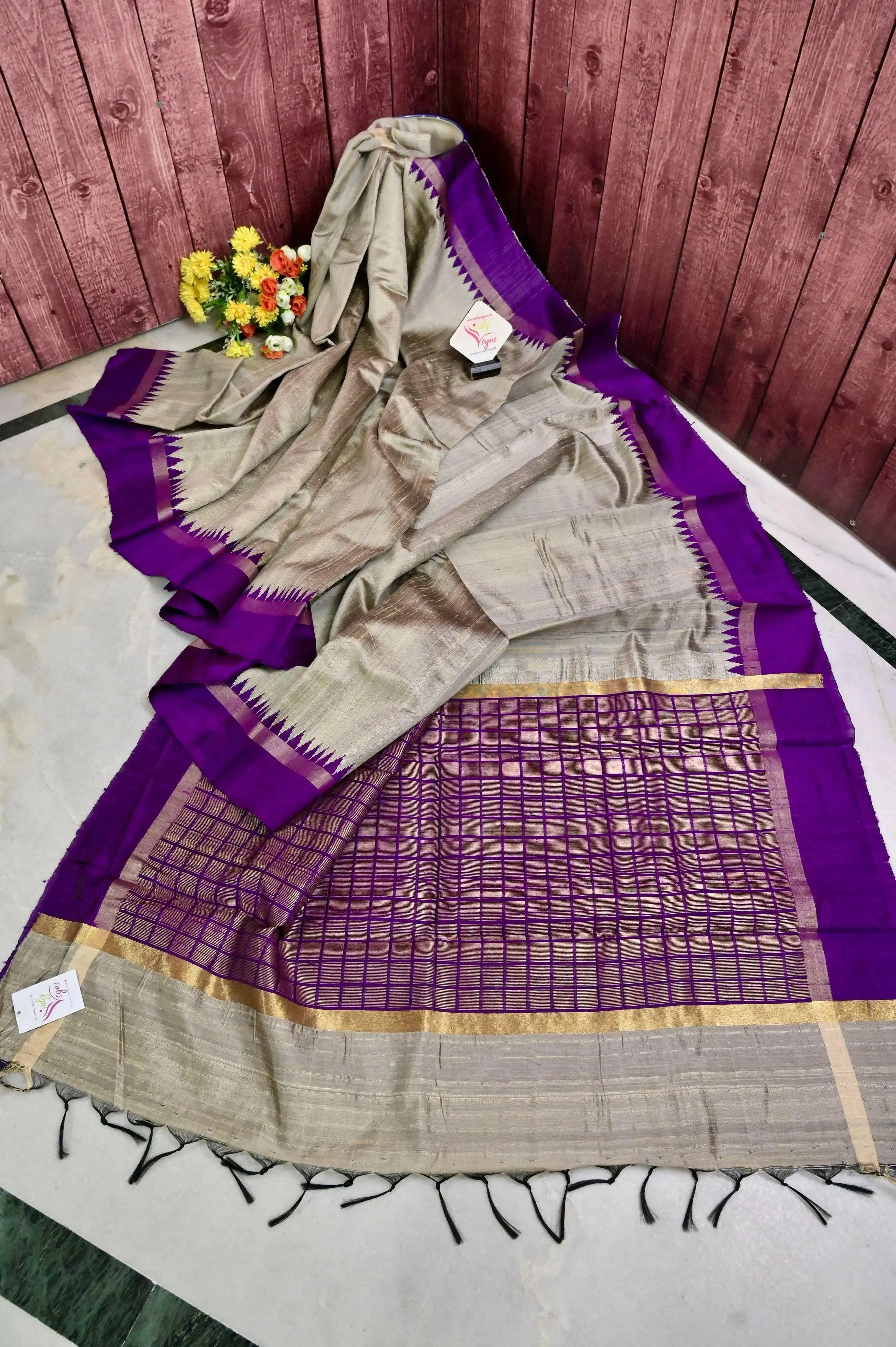 Steel Grey Color Pure Raw Silk Saree