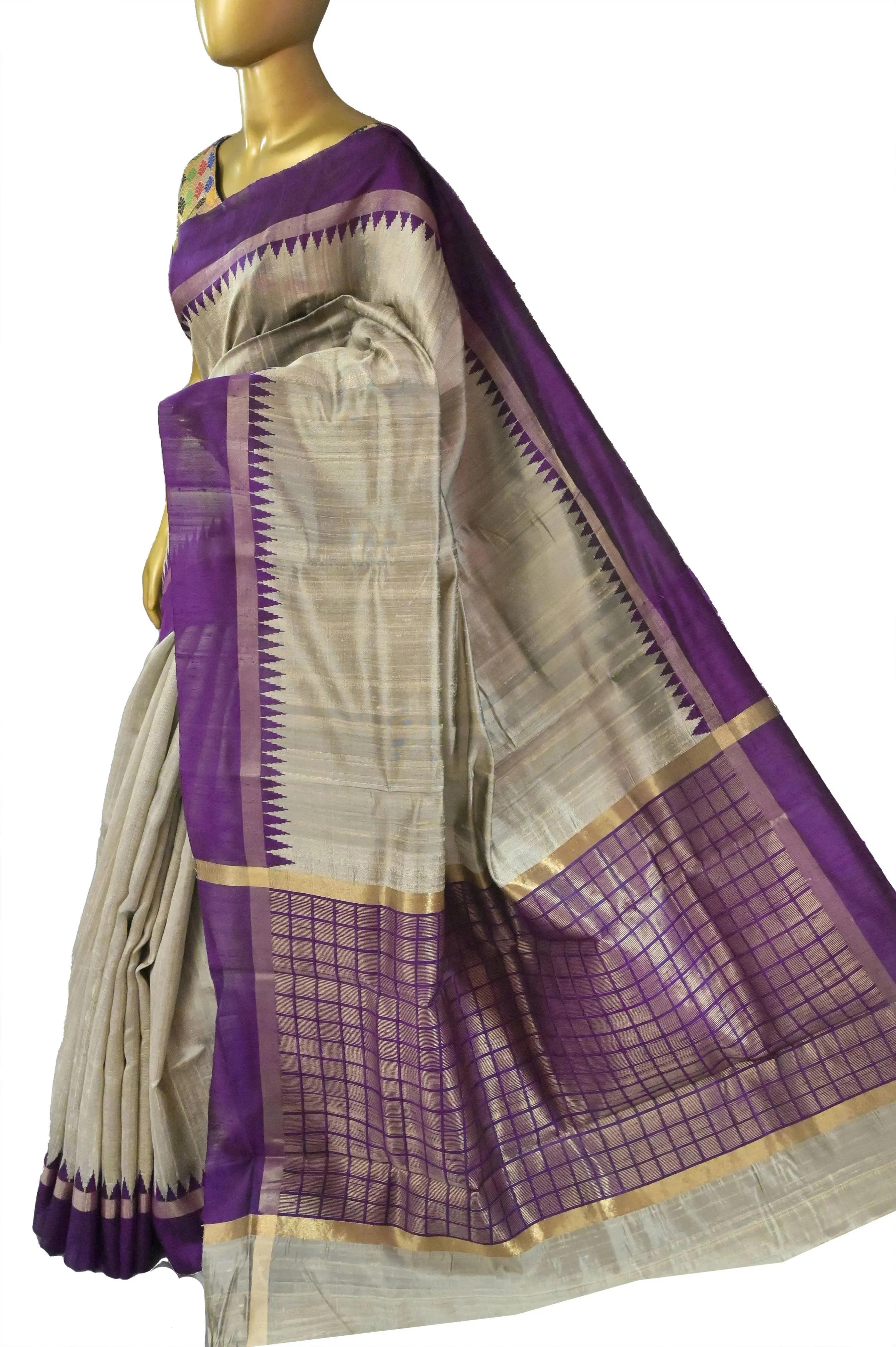 Steel Grey Color Pure Raw Silk Saree