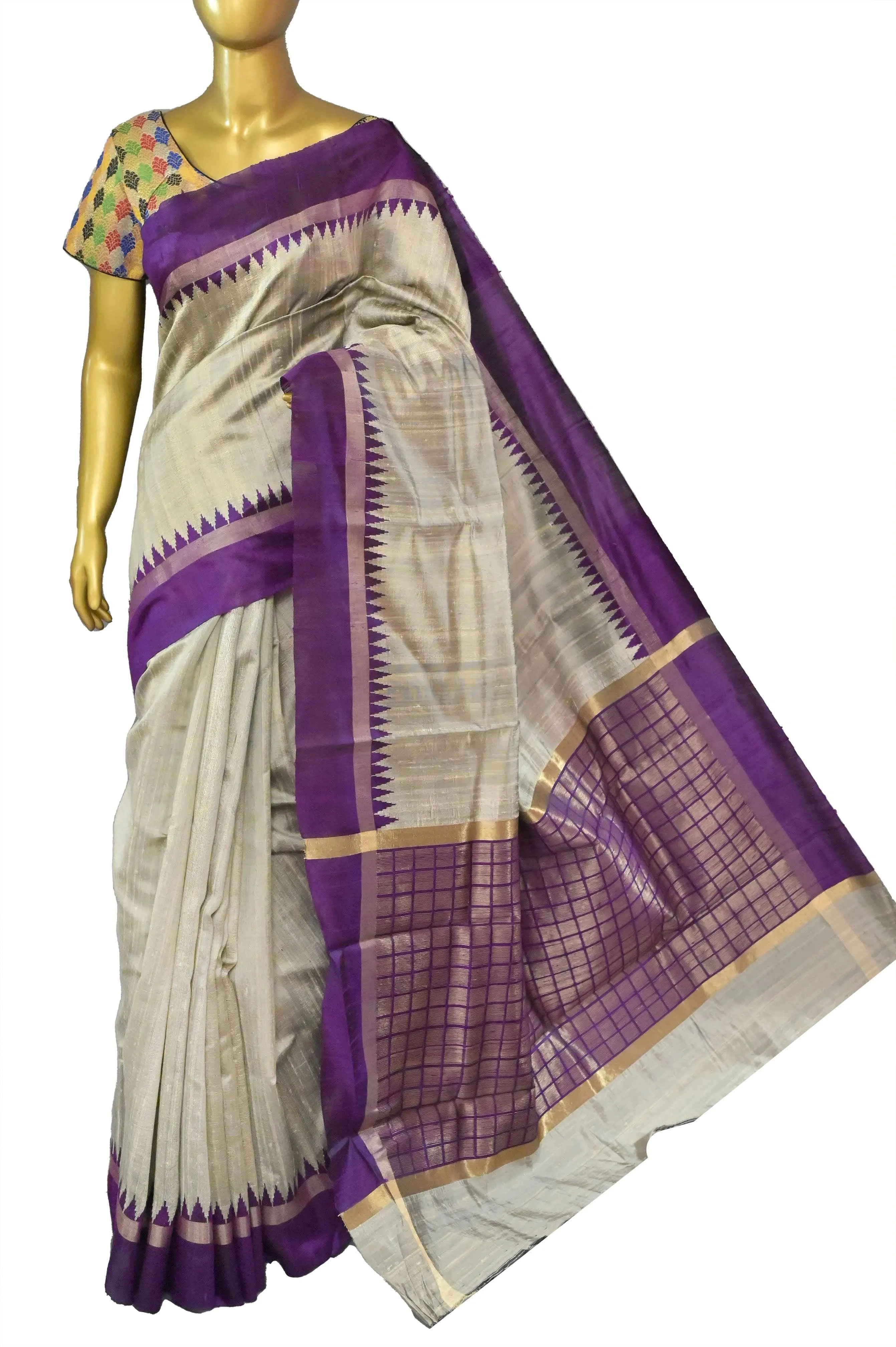 Steel Grey Color Pure Raw Silk Saree