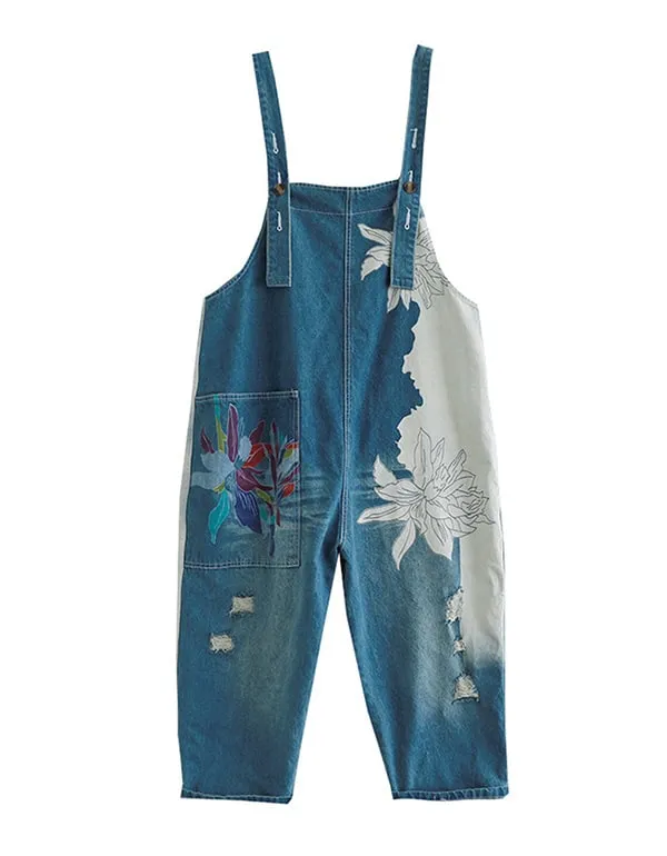 Summer Denim Overalls Retro Printed Jumpsuit