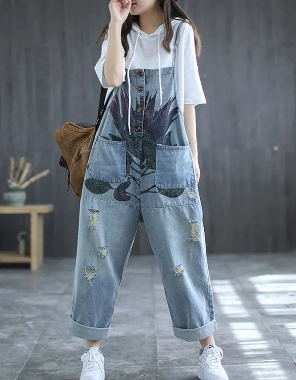 Summer Denim Overalls Retro Printed Jumpsuit