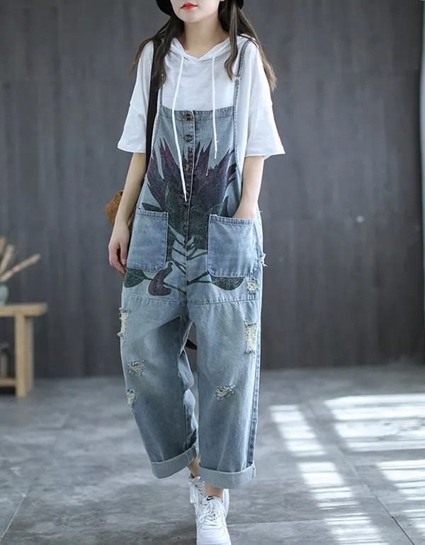 Summer Denim Overalls Retro Printed Jumpsuit