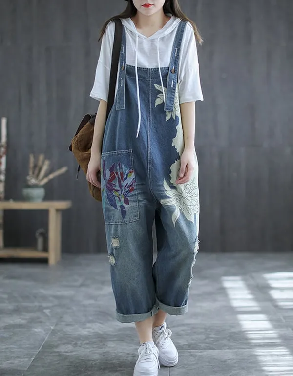 Summer Denim Overalls Retro Printed Jumpsuit