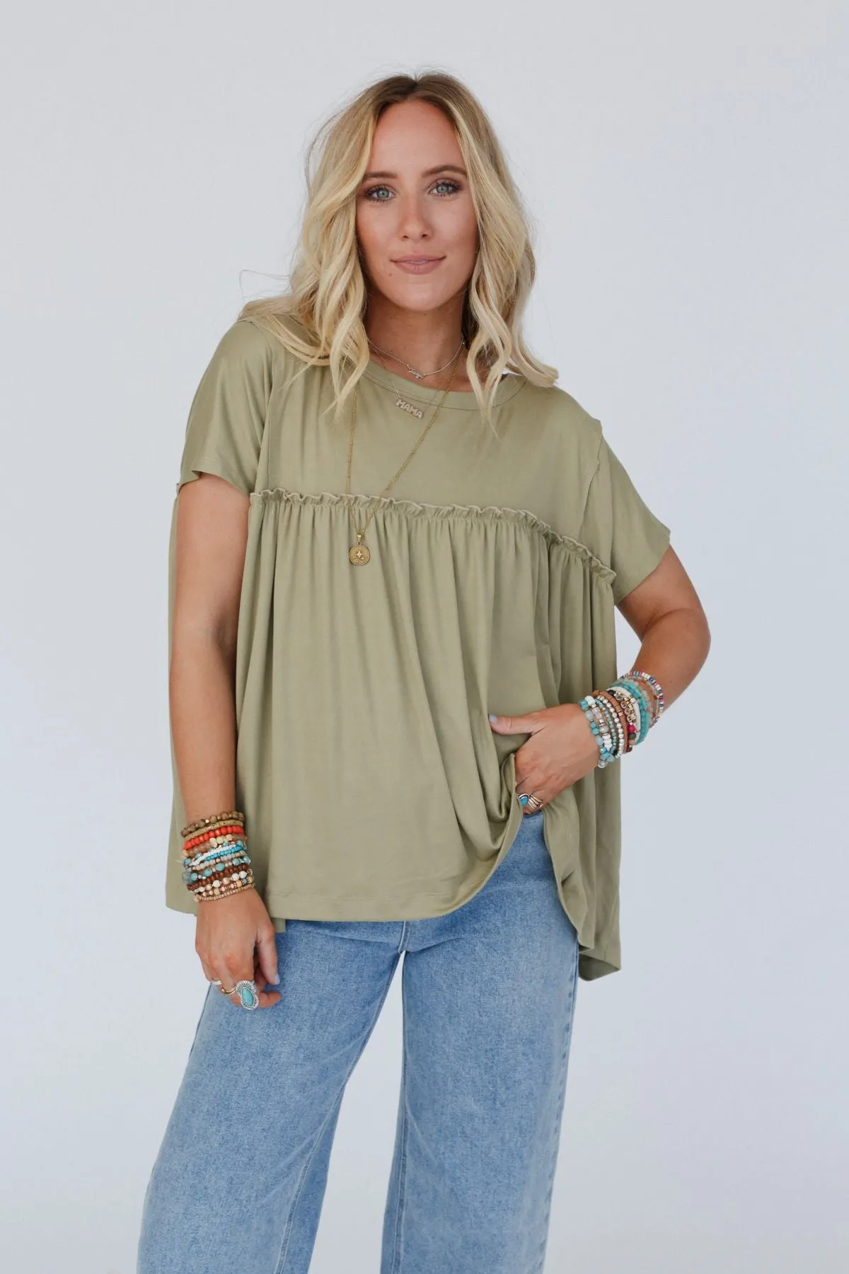 Sunday Morning Babydoll Top - Light Olive