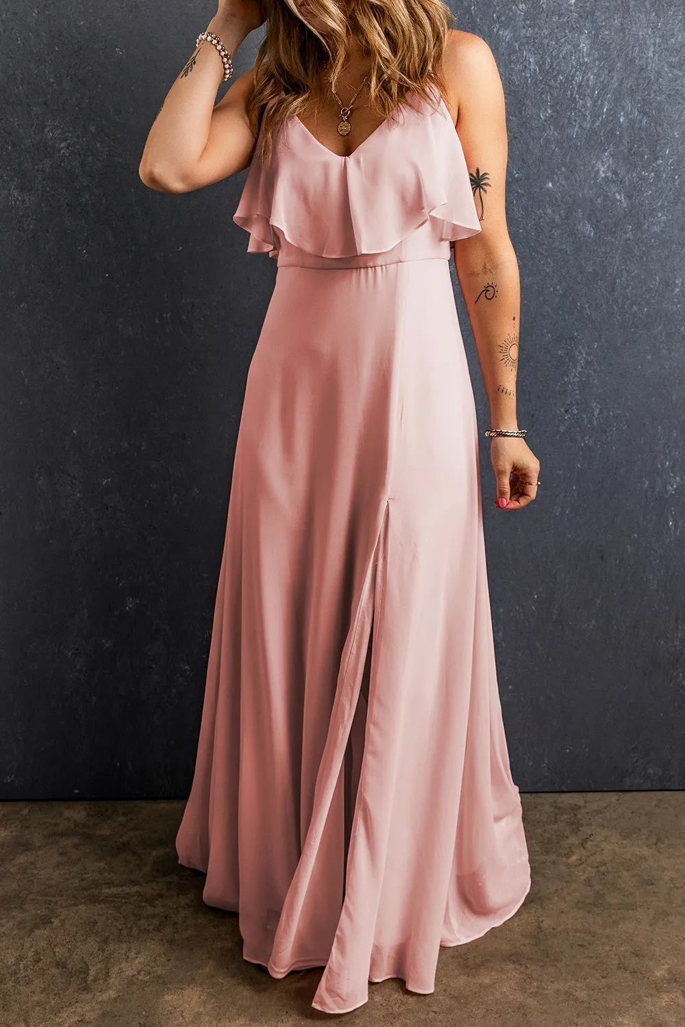 Sunset and Swim  Slit Ruffled V-Neck Maxi Dress