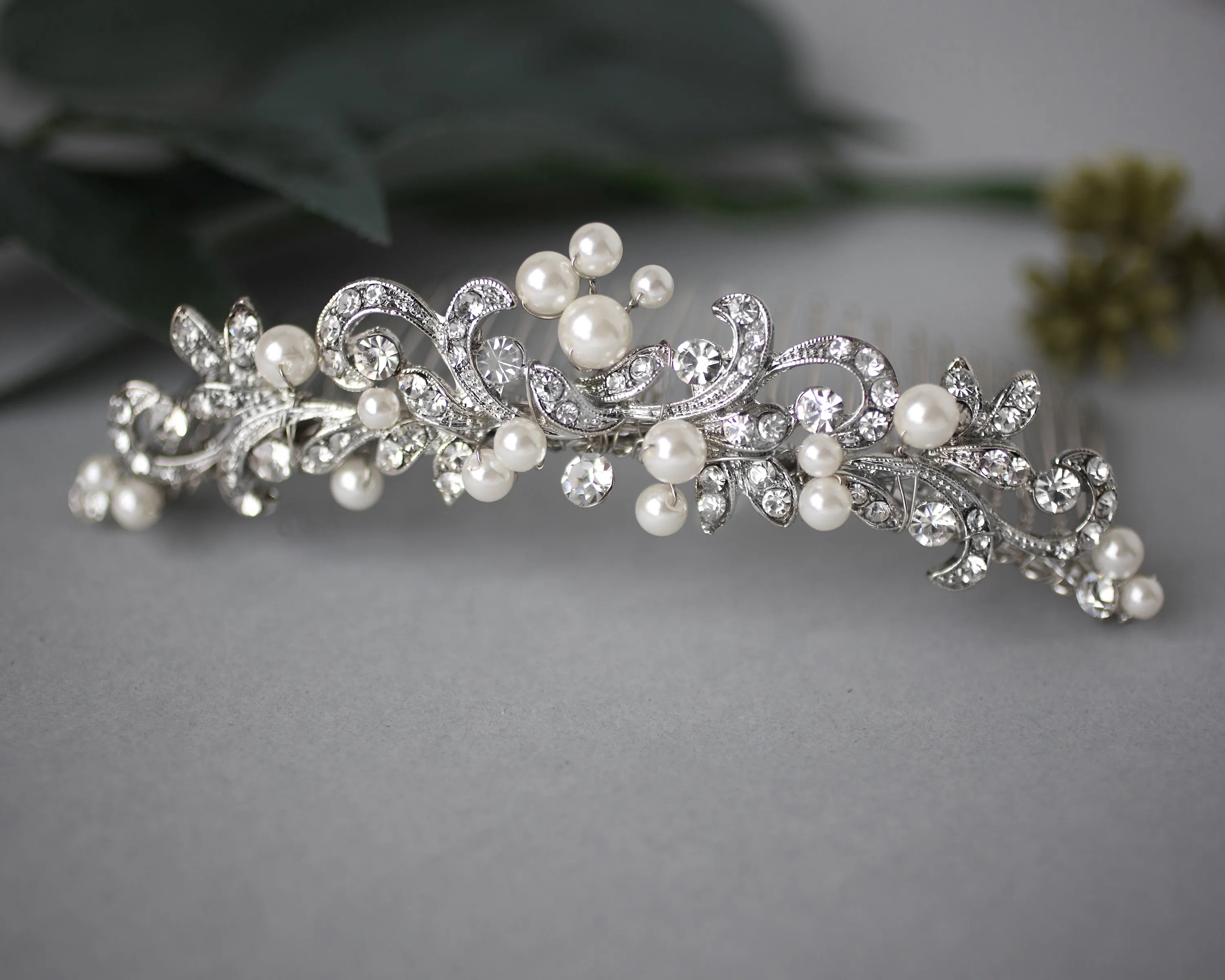 Tiara Comb of Antiqued Silver Scrolls and Pearls