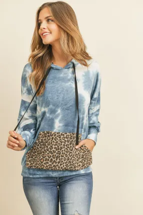 Tie Dye Long Sleeve Leopard Contrast Pocket Hoodie