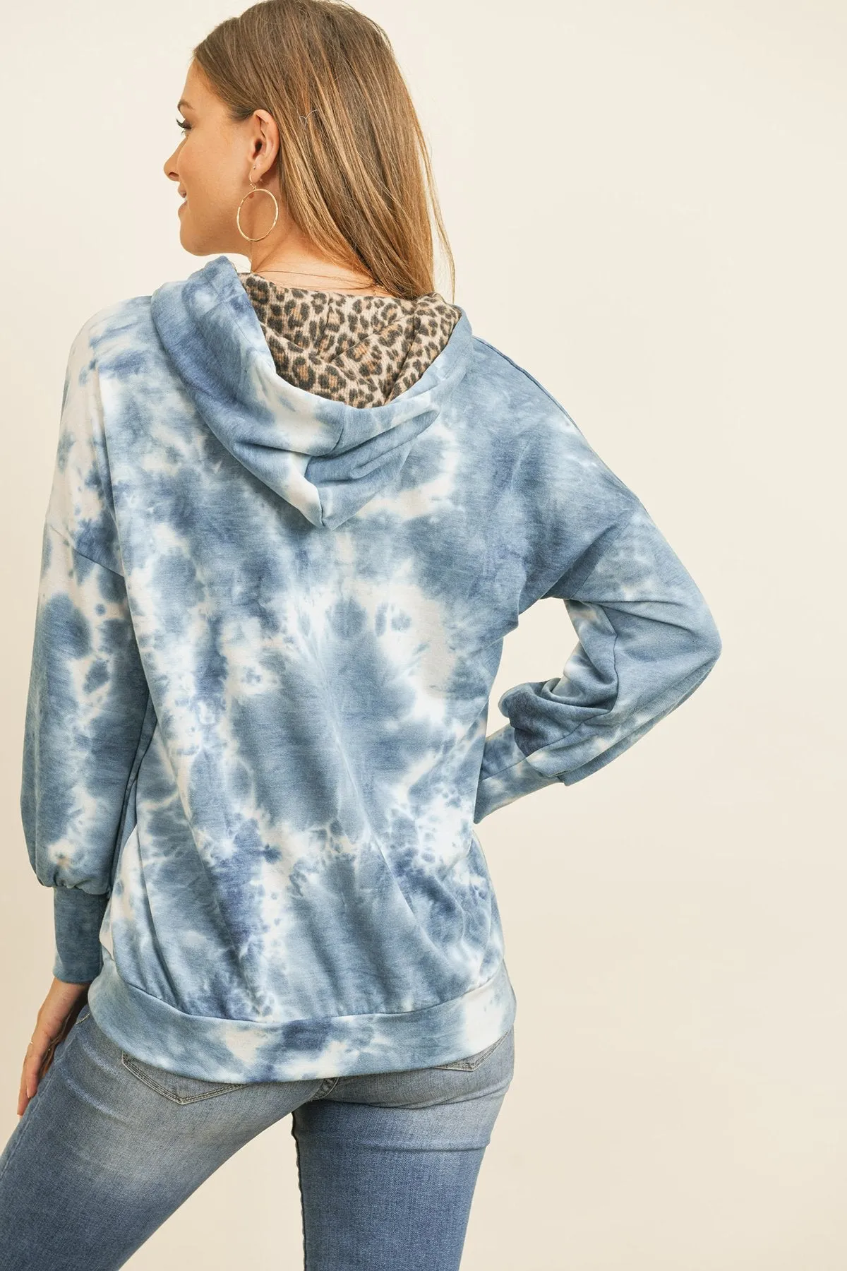 Tie Dye Long Sleeve Leopard Contrast Pocket Hoodie