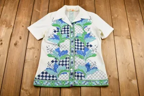 Vintage 1970s Abstract Floral Print Short Sleeve Button-Up Blouse / True Vintage / Polyester / Retro / Vintage Womenswear / Dagger Collar