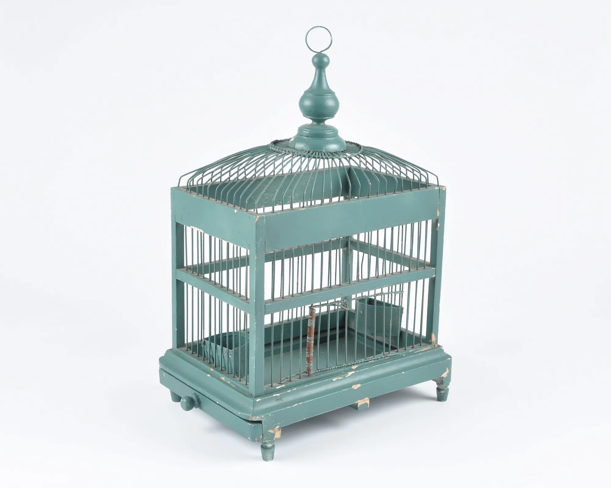 Vintage Italian Architectural Designed Handmade Wood and Metal Bird Cage-Teal Green-Antique Birdhouse Decor