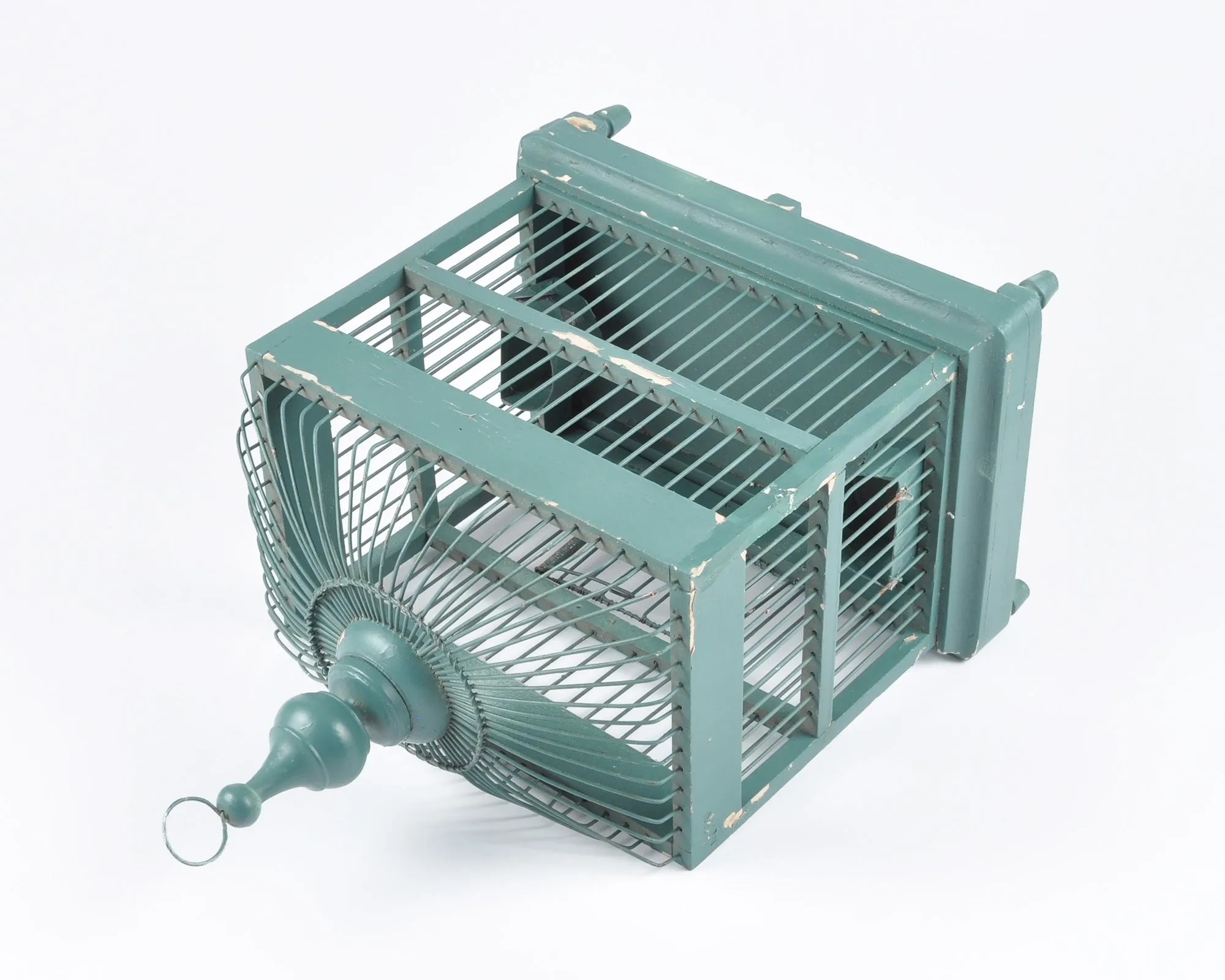 Vintage Italian Architectural Designed Handmade Wood and Metal Bird Cage-Teal Green-Antique Birdhouse Decor