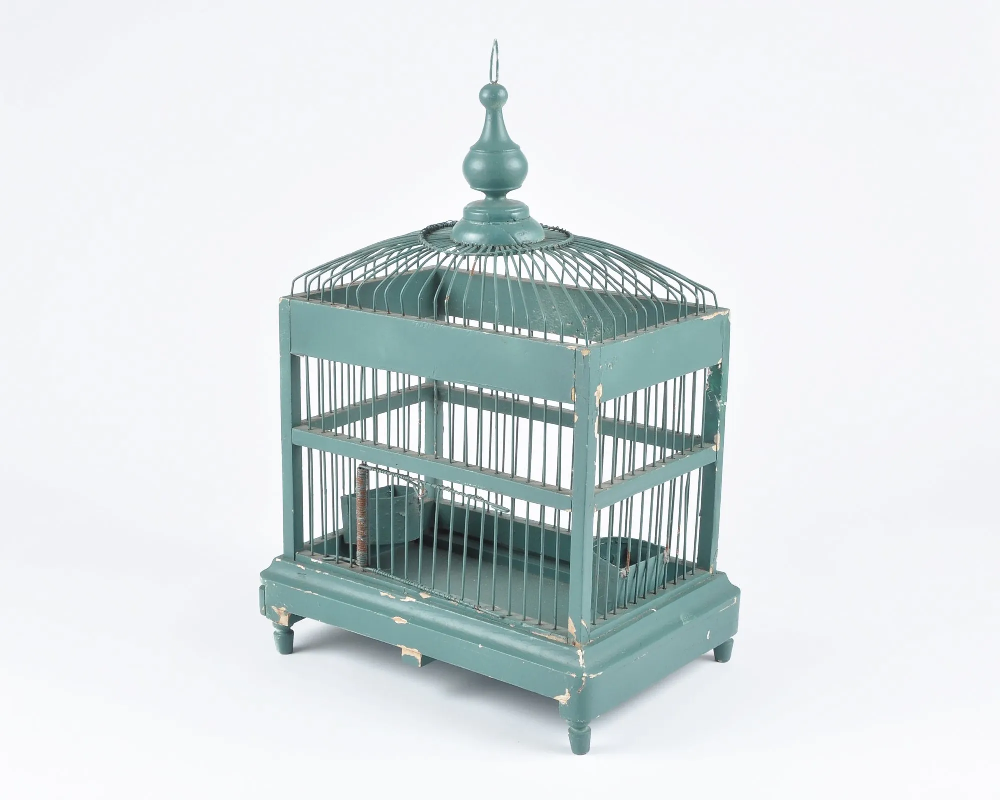 Vintage Italian Architectural Designed Handmade Wood and Metal Bird Cage-Teal Green-Antique Birdhouse Decor