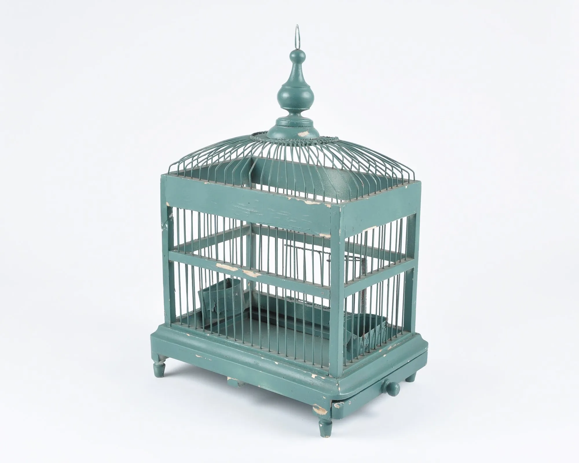 Vintage Italian Architectural Designed Handmade Wood and Metal Bird Cage-Teal Green-Antique Birdhouse Decor