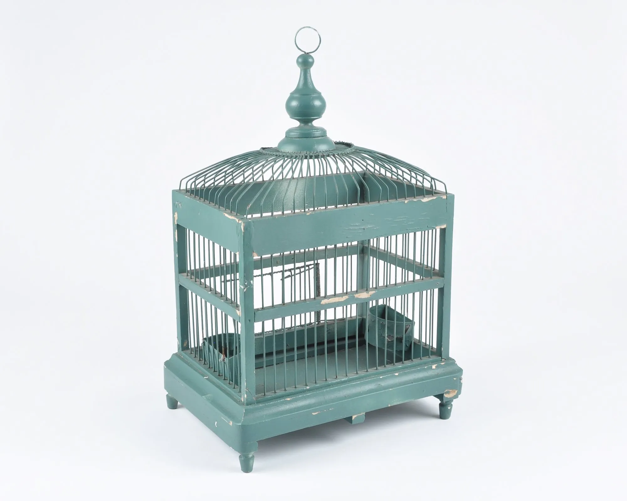 Vintage Italian Architectural Designed Handmade Wood and Metal Bird Cage-Teal Green-Antique Birdhouse Decor