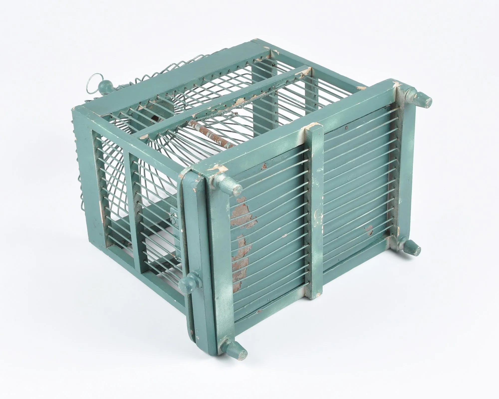 Vintage Italian Architectural Designed Handmade Wood and Metal Bird Cage-Teal Green-Antique Birdhouse Decor