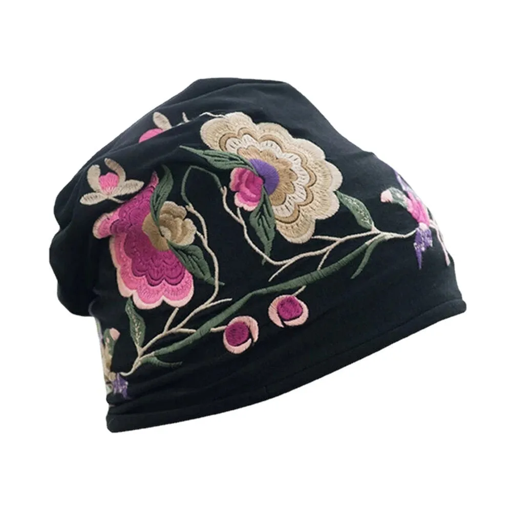 Women Cotton Embroidery Flower Printing Ethnic Style Beanie Hat Breathable Turban Cap