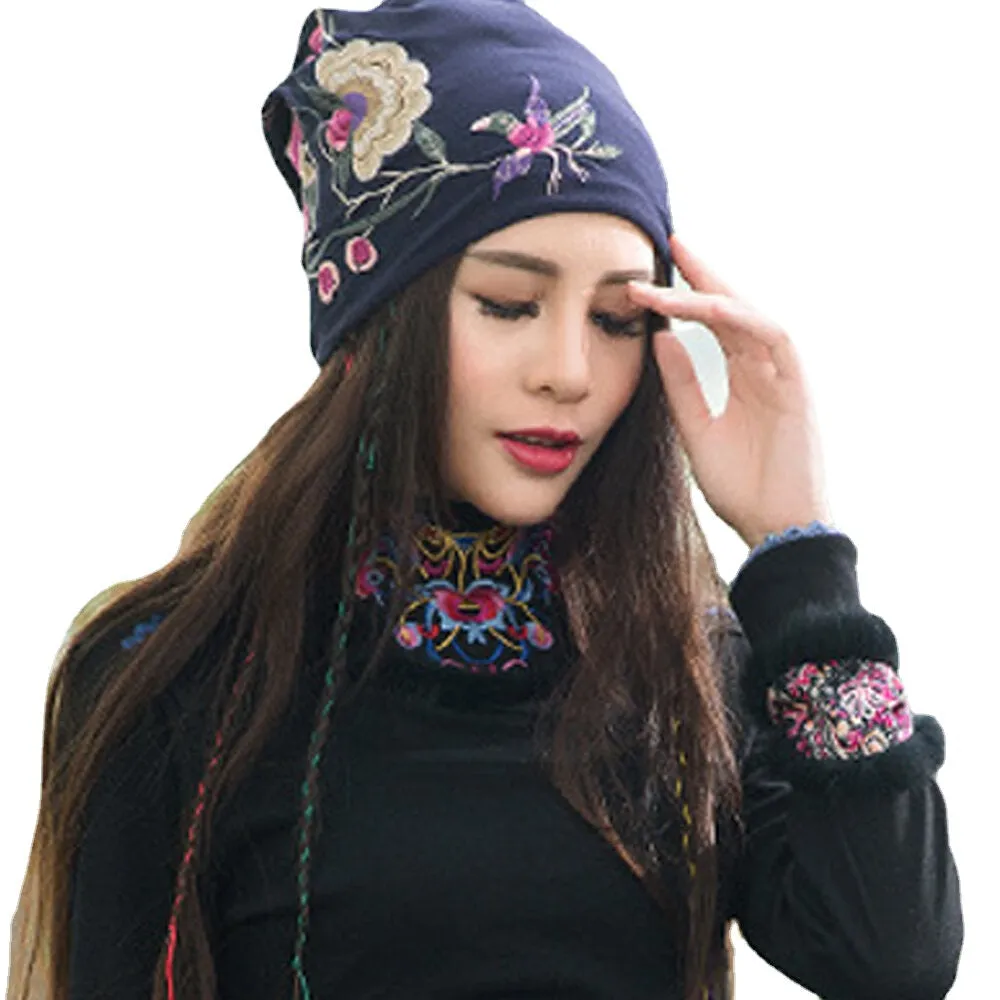 Women Cotton Embroidery Flower Printing Ethnic Style Beanie Hat Breathable Turban Cap