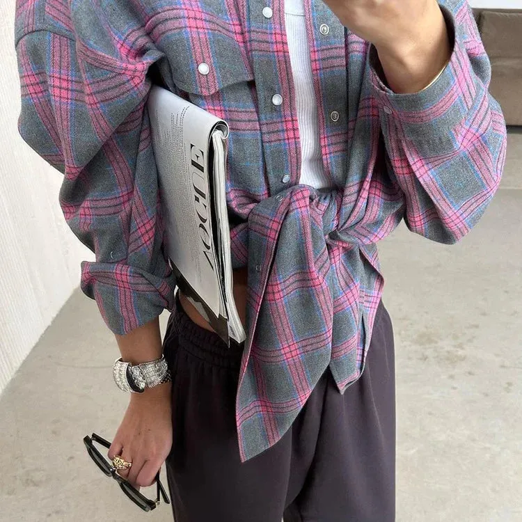 Women's Blouse Retro Style Lapel Loose Shirt 2024 Autumn Plaid Long-sleeve Pocket Shirt For Women Shirts Top  Рубашки Женские