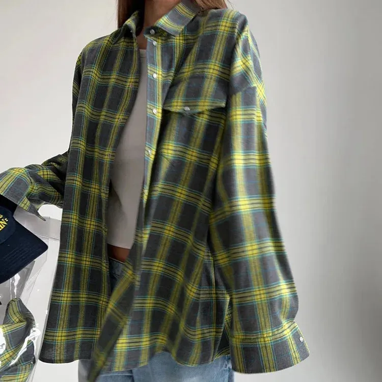 Women's Blouse Retro Style Lapel Loose Shirt 2024 Autumn Plaid Long-sleeve Pocket Shirt For Women Shirts Top  Рубашки Женские