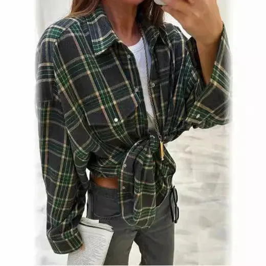 Women's Blouse Retro Style Lapel Loose Shirt 2024 Autumn Plaid Long-sleeve Pocket Shirt For Women Shirts Top  Рубашки Женские